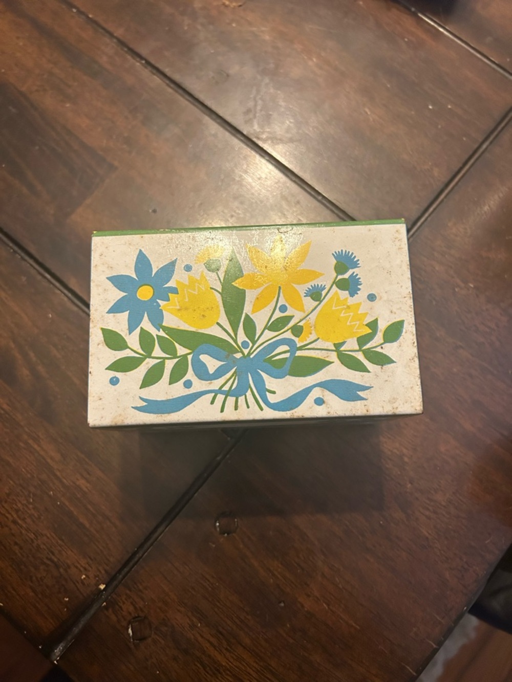 Vintage Floral Tin Box - Yellow, Blue, Green Bouquet